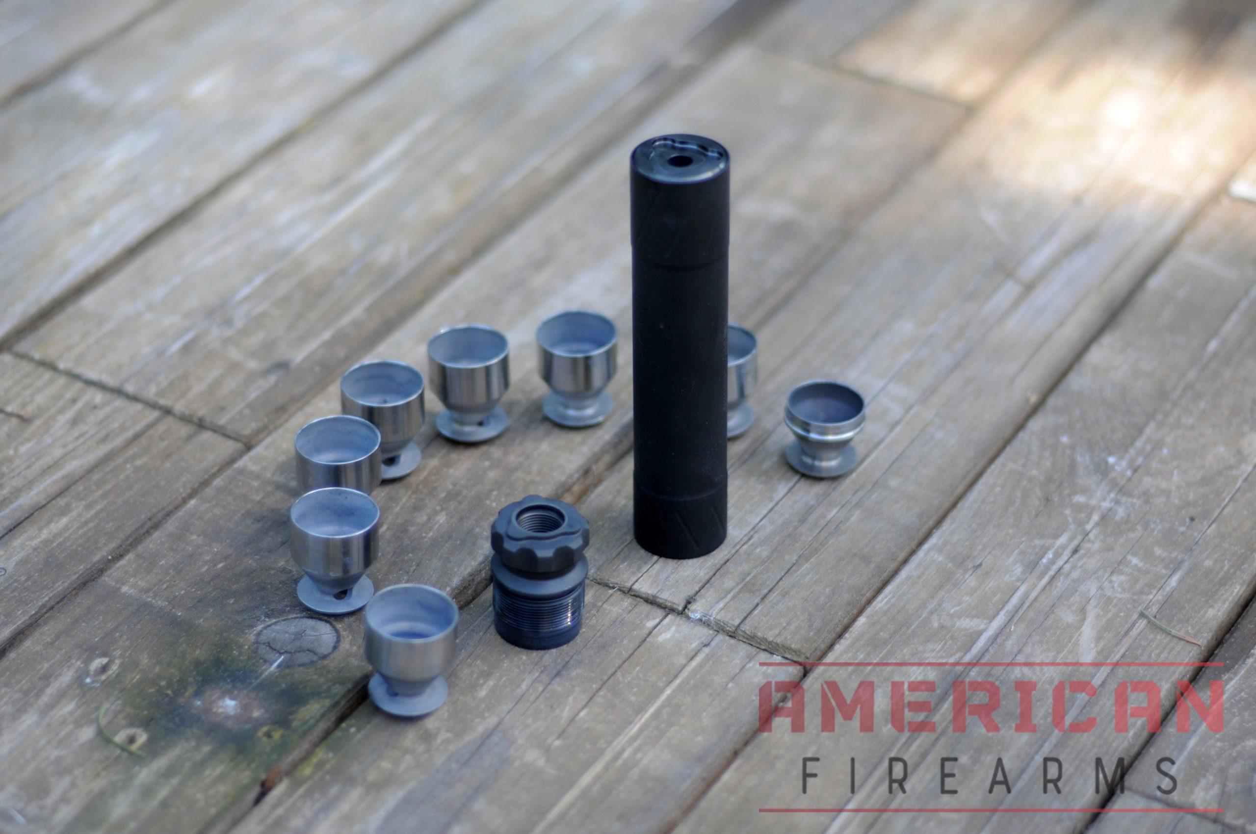 A Banish 22 suppressor and its internal baffles.