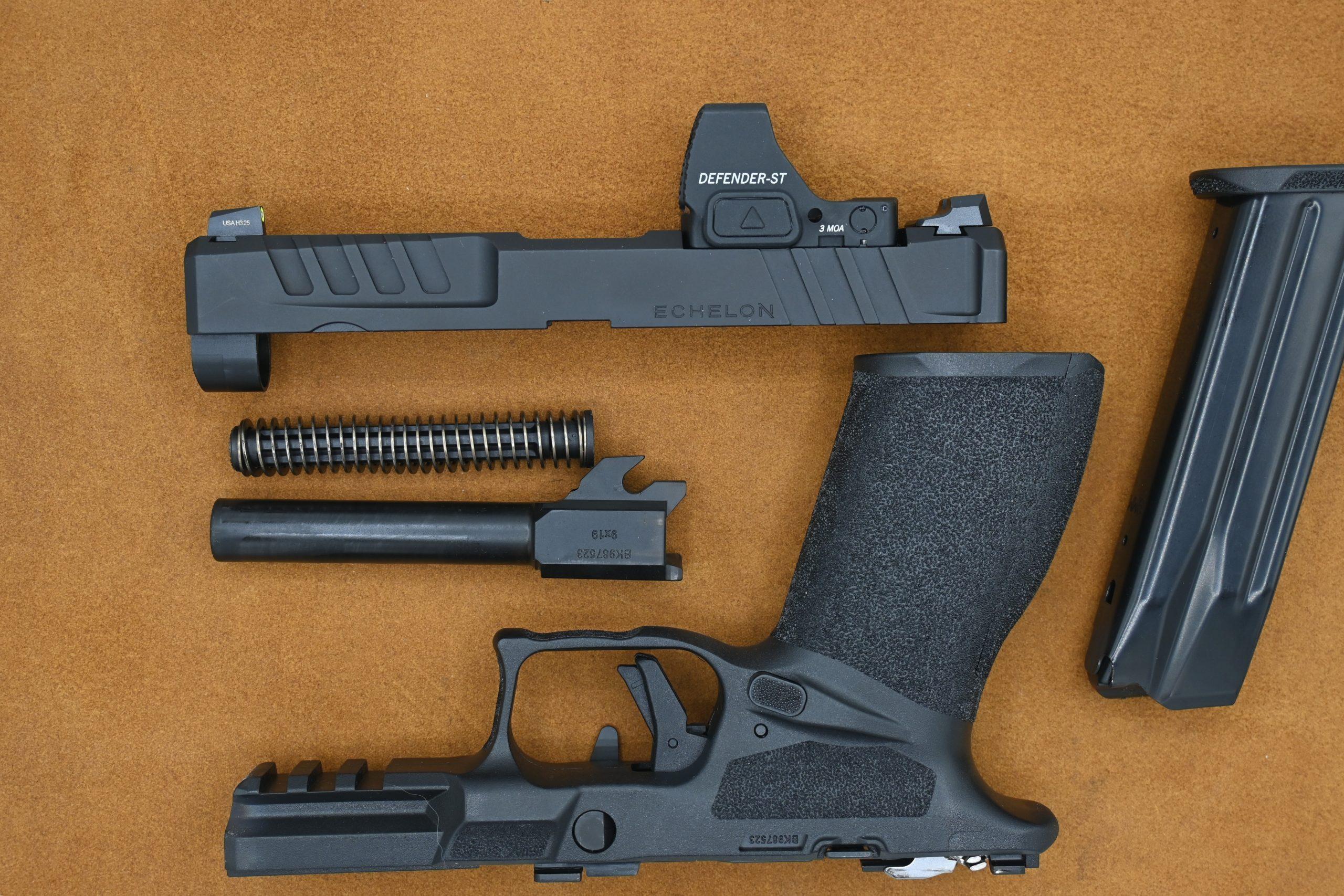 The Echelon field strips in five steps into four primary components — slide, hammer-forged barrel, guide rod and recoil spring assembly, and polymer frame with COG chassis.