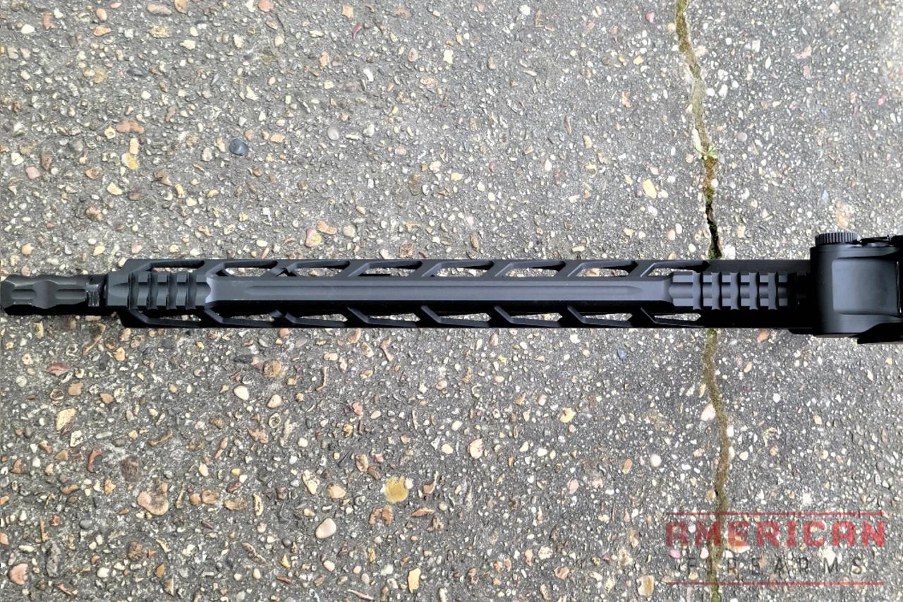 The 16.1-inch barreled carbine only has two short Picatinny rails on the top of the upper receiver and handguard.