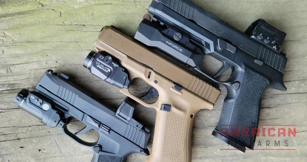 A Sig P320 (right-most) with Inforce Wild and Sig Romeo2 red dot.