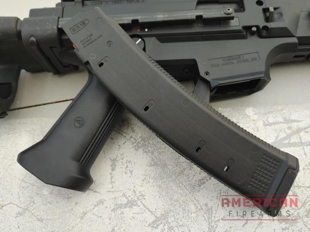 I love the Scorp's magazine -- the double stack stick loads as easily as an AR mag -- no need to rap your knuckles against the steel lip loading a Glock mag.