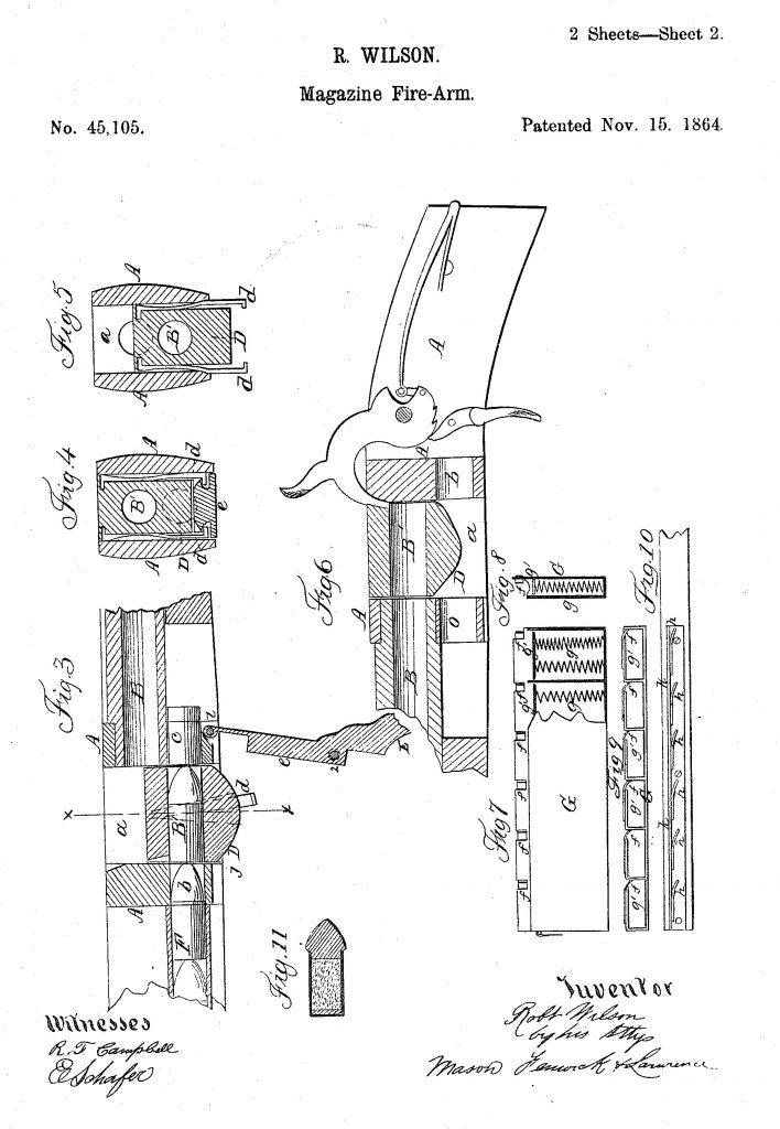 Robert Wilson’s 1864 patent drawings for an internally-fed rifle.