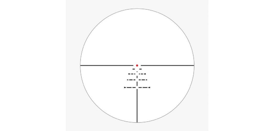 The reticle is simple with a center red dot and hold-over points for bullet drop and wind compensation.