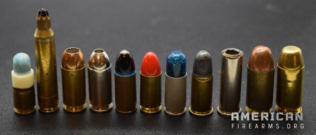 Bullets-- whose weights are measured in grains or grams-- can range from simunition and blank crimps to the left, metal-jacketed hollow points, semi-jacketed and coated bullets, specialty loads such as shotshells, lead round-nosed bullets, recessed loads, and full metal jackets to the right.