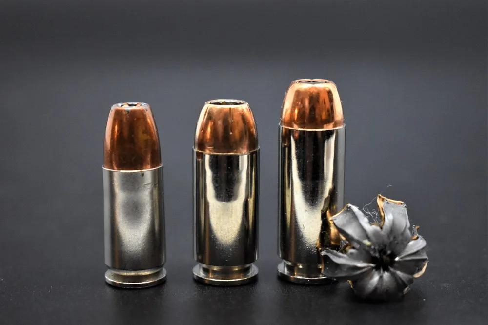 From left to right: 9mm, .45ACP, and 10mm rounds