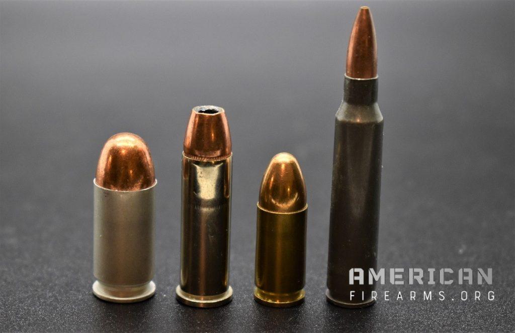 From left to right, aluminum, nickel-plated brass, brass, and steel-cased ammunition.