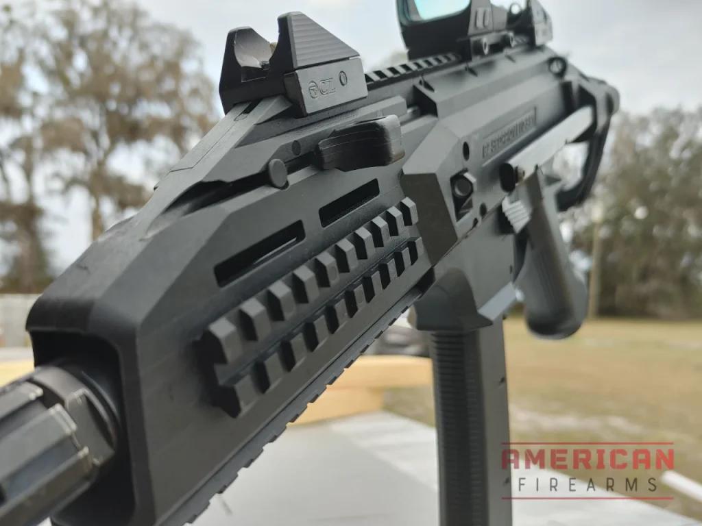 The Scorp's charging handle, while slightly undersized, can be locked to the rear for a Czech version of the "HK slap"