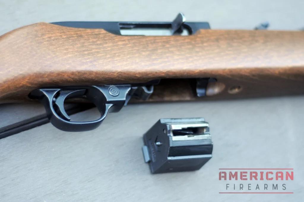 The 10/22's rotary magazine and cross bolt manual safety.