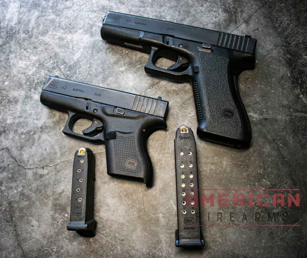 Standard double-stack Glock magazine compared to G43. The standard Glock sticks won't work with single-stack Glocks, like the G43.