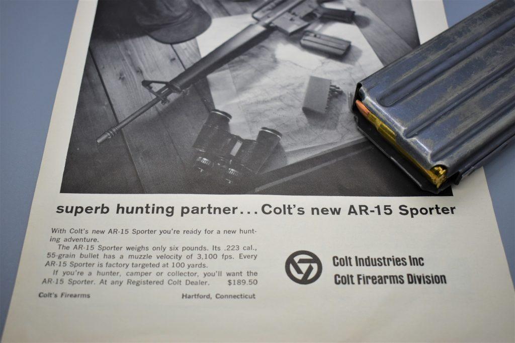 Colt AR-15 Sporter ad from 1963, note the rifle is chambered in .223, and was initially available to the average American consumer before the average American GI would touch one.