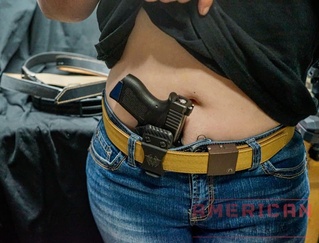 The Nexbelt Supreme in action. The 1.5" width fits most standard holster clips.
