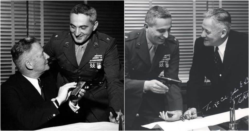 January 1955: U.S. Marine Corps Lt. Colonel John Rentsch visited Smith & Wesson President Carl R. Hellstrom to examine the brand new Model 39. Developed over six years and through 30 prototype changes during the Army's XM100 program, the Model 39 became the first double-action, auto-loading pistol made in the U.S.