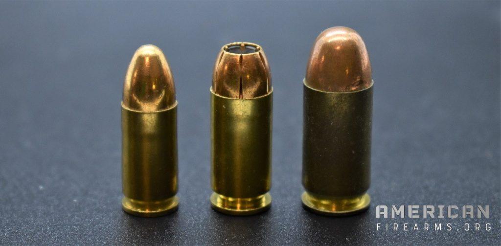 From left to right: 9mm, .40 S&W, & .45ACP pistol cartridges