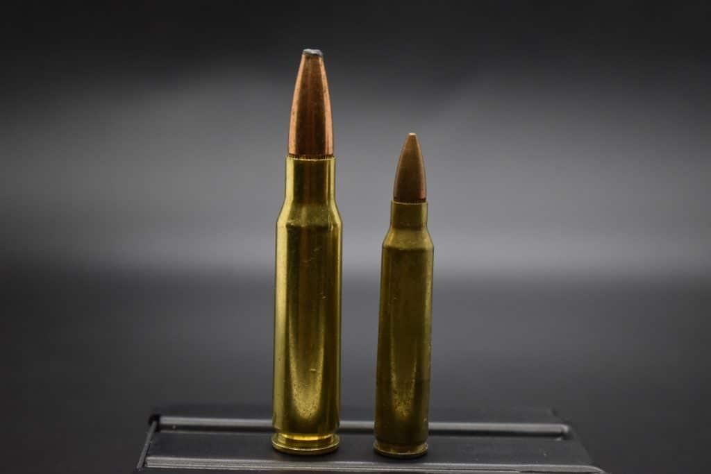 The .308 Winchester (left) offers big medicine relative to the 5.56 NATO (right)