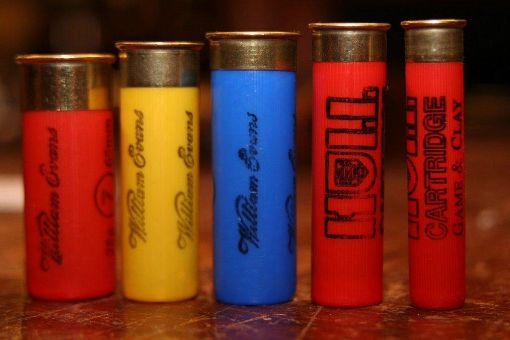 Shotgun shells. From left to right, 10, 20, 12, 28 gauges, and a .410.