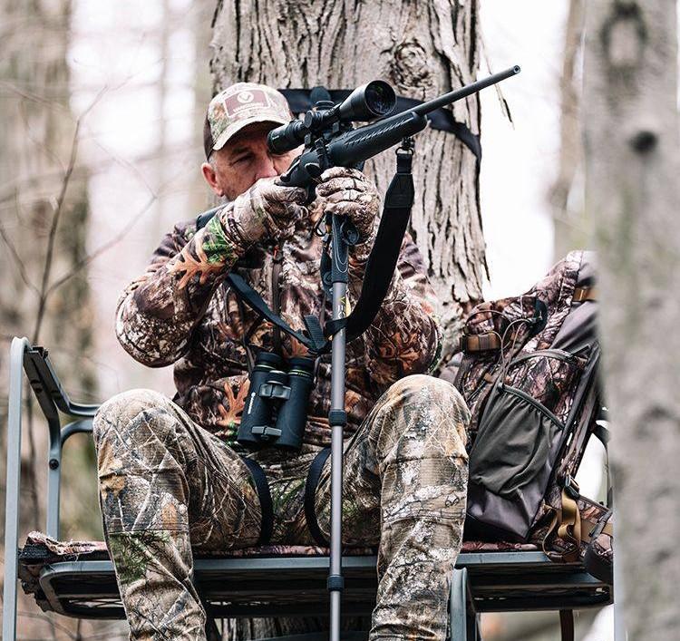 The hybrid Veo 3 from Vanguard mixes the single-pole of a monopod with a wider foot for more versatility -- like in a tree stand.