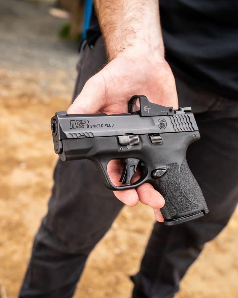 The most contentious aspect of the Shield has aways been the trigger, which has been resolved with the flat faced trigger found on the Shield Plus. Also note the scaled back grip texture.