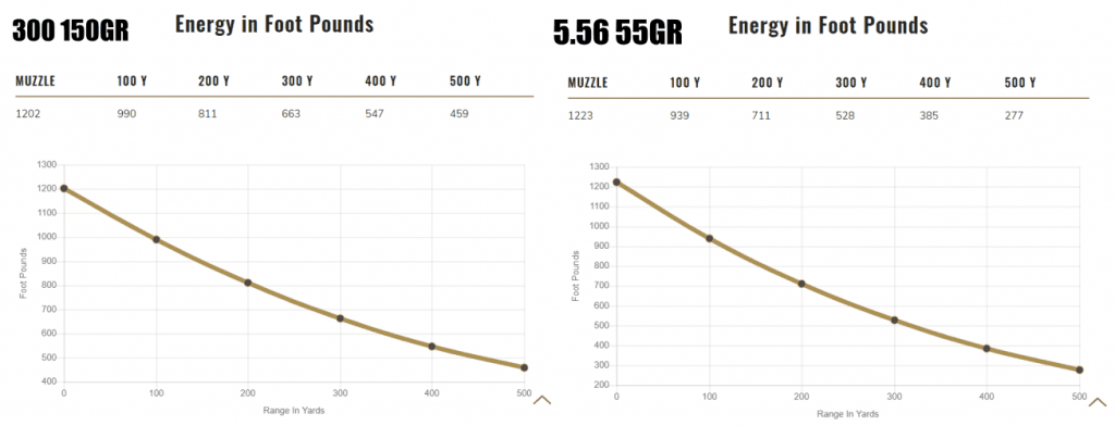 .300 Blackout and 5.56mm bullet energy comparison.