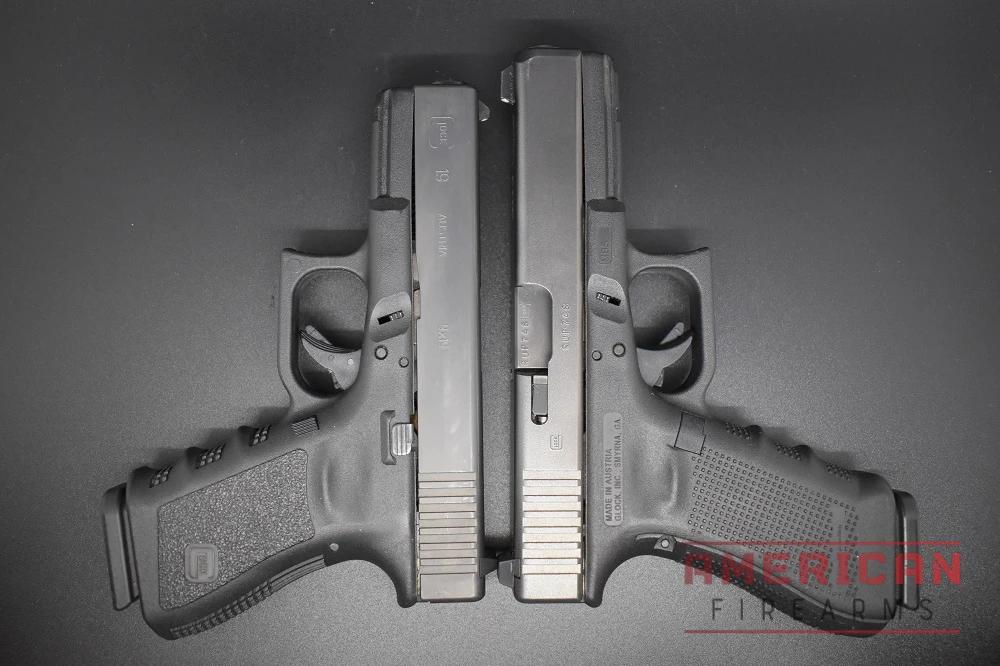 Comparing the compact Glock 19 (left) to the full-size Glock 17 (right) side-by-side you can see the size difference (and how consistent the Glock platform is.)