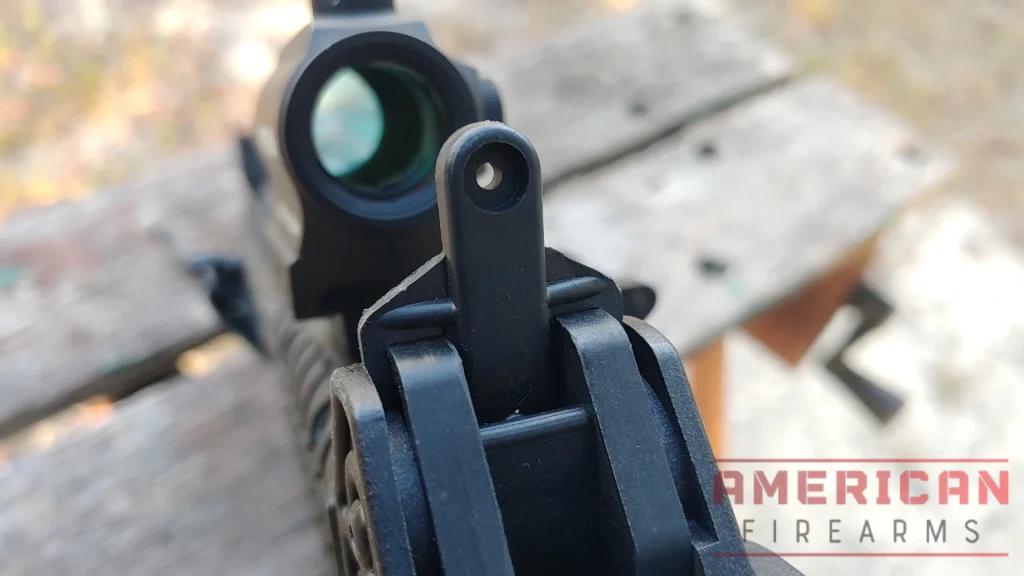The rear peep sight is functional and good for decent work at yardage, but stuggles up close.