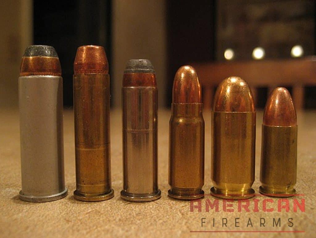 From left to right: .44 Remington Magnum, .357 Magnum, .38 Special, 7.62x25 Tokarev, .45 Auto, 9x19 Parabellum.