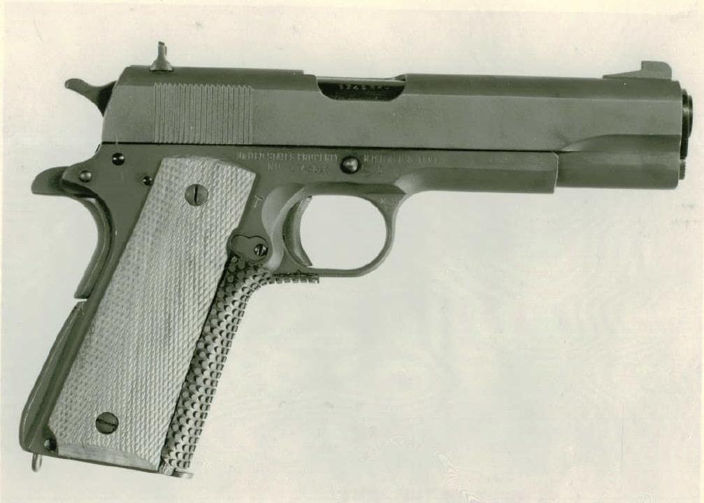 This 1957 National Match pistol started life as a Colt M1911A1 military contract gun, SN 1745826, of about 1944 production. Note it has been greatly modified by Army gunsmiths at Springfield Armory to have fine target sights, a custom trigger, and an early rubber grip insert. (Photo via Springfield Armory National Historic Site)