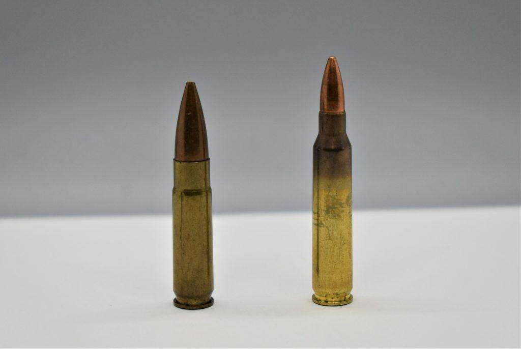 The .300 Blackout (left) compared to the 5.56mm NATO round. The Blackout is a little like the Hardy to the 5.56’s Laurel.