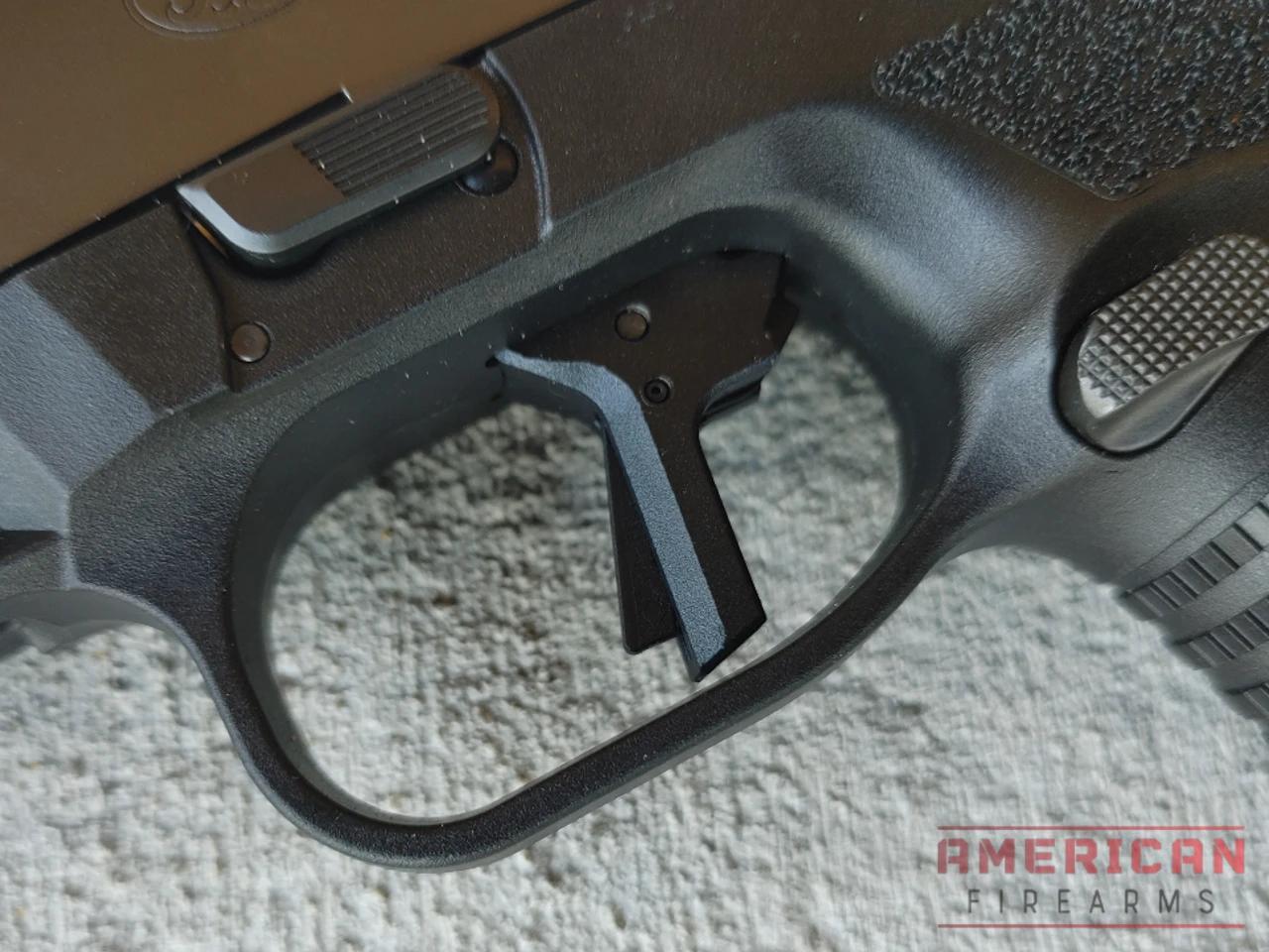 The flat-faced trigger uses a safety blade common on most pistols these days. 