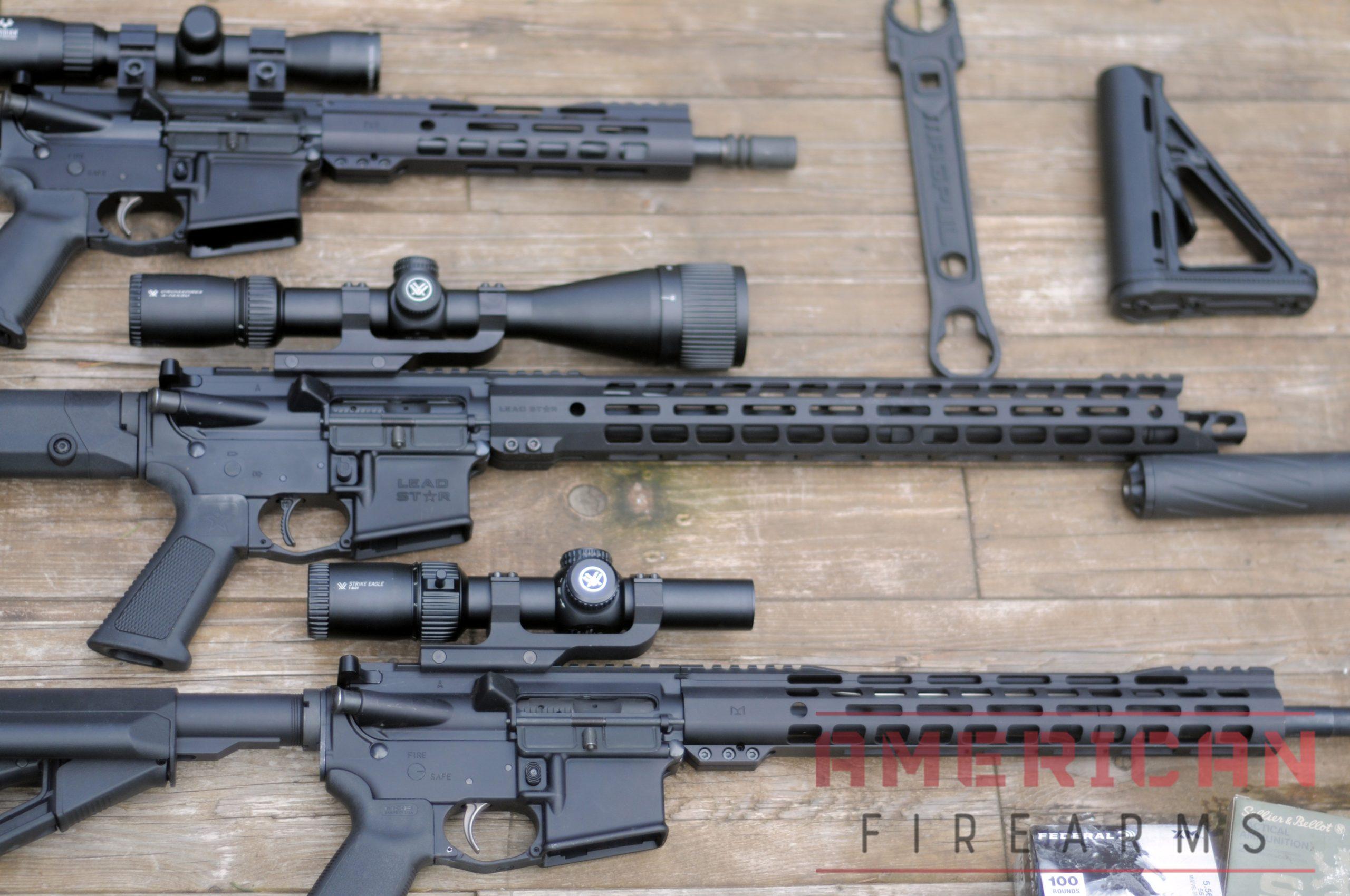 Some of my PSA guns -- a 10.5" AR pistol (top), Lead Star Grunt (center), and the PA-15 (bottom) I'm covering in this review.