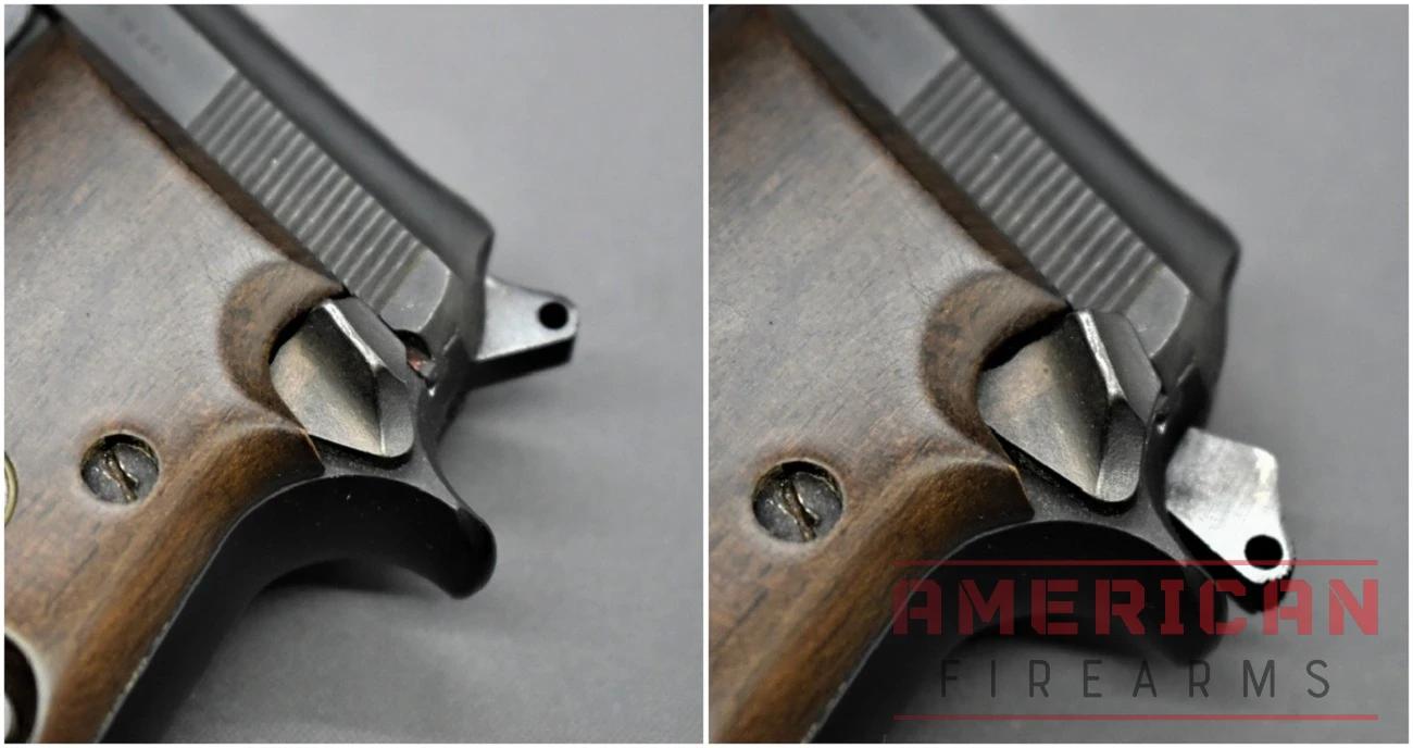 A side-by-side image of the Beretta Bobcat pistol's safety, showing the safety disengaged (left) and engaged (right). 
