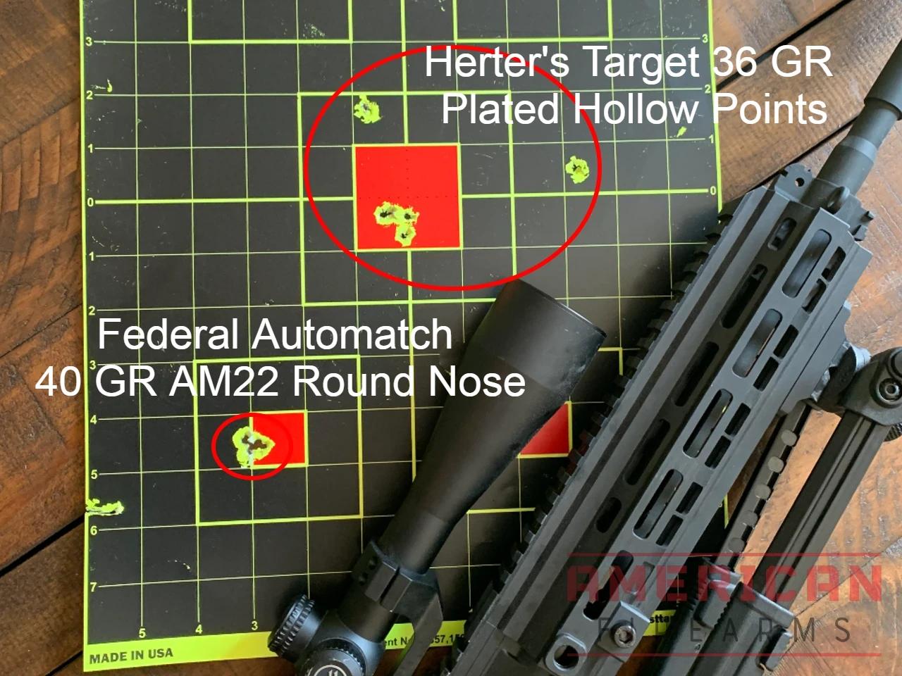For this review I shot both Herter's 36 GR Bulk Pack Target Hollow Points (top) and Federal AM22 40 GR at 20 yards.
