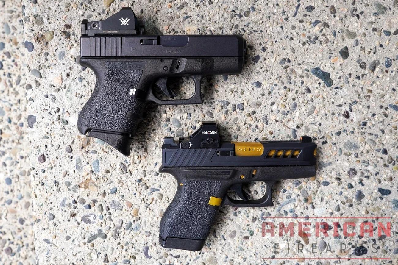 The Glock 26 (top) was the first modern "Micro 9" and it set the bar for almost a quarter century. The Glock 43 (bottom) is even smaller, but knocks capacity down to 6.