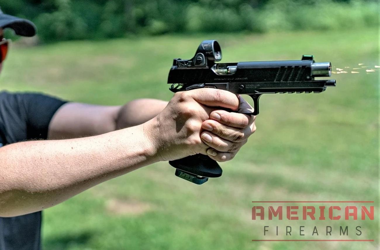 The grip angle is comfortable and the texture is not aggressive at all, but keeps the gun in your hand.