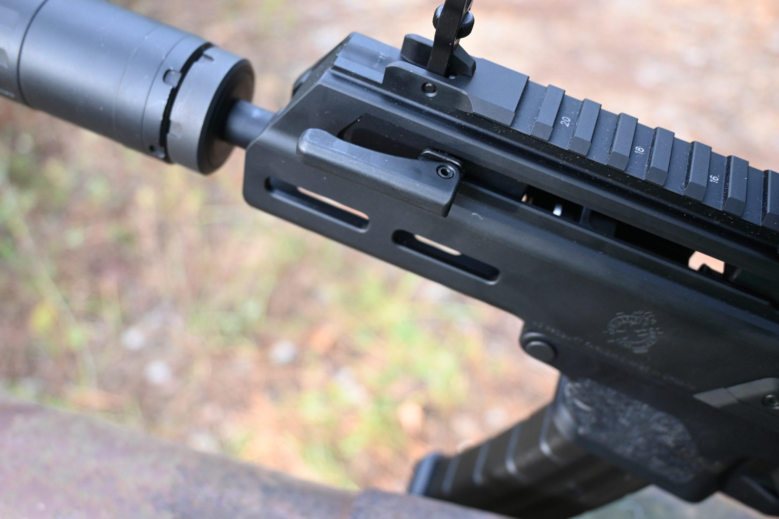 The non-reciprocating charging handle is factory-installed on the left side but takes all of five minutes to swap to the right.