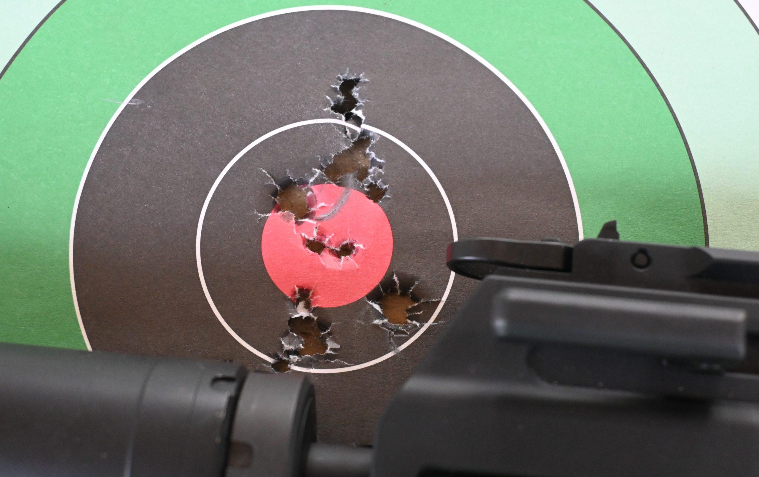 At self-defense distance the Kuna was consistently in 2-inch group territory with irons. Not bad for a 6-inch barreled PDW.