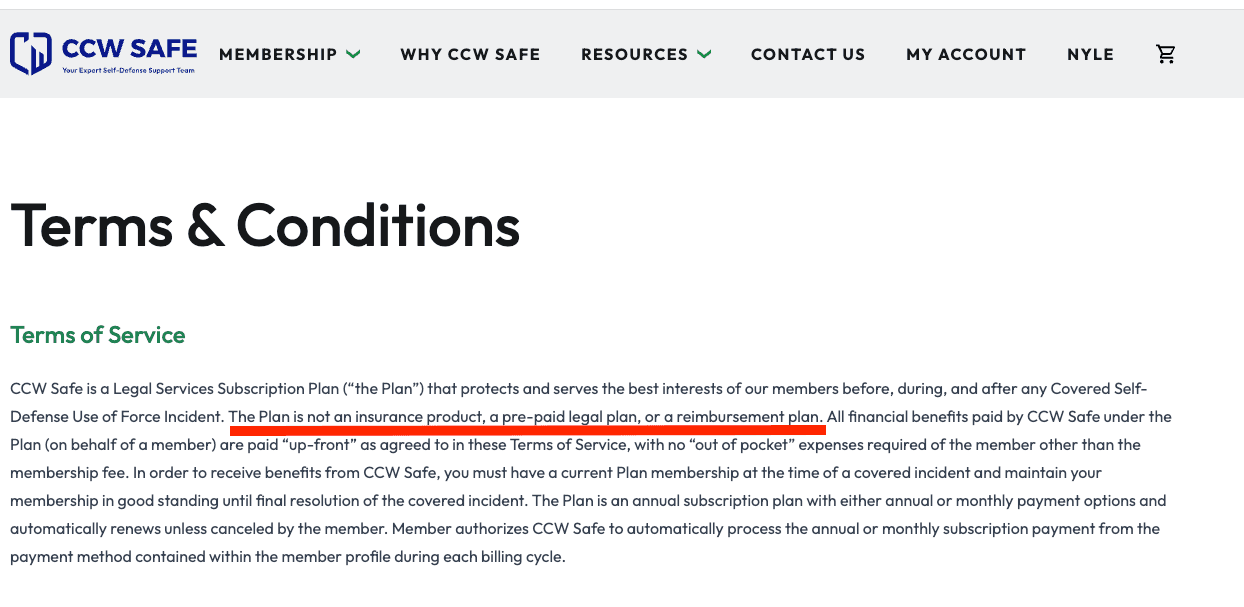 CCW Safe Terms of Service, September 2024. The plan's non-insurance status is disclosed in the document's opening paragraph.