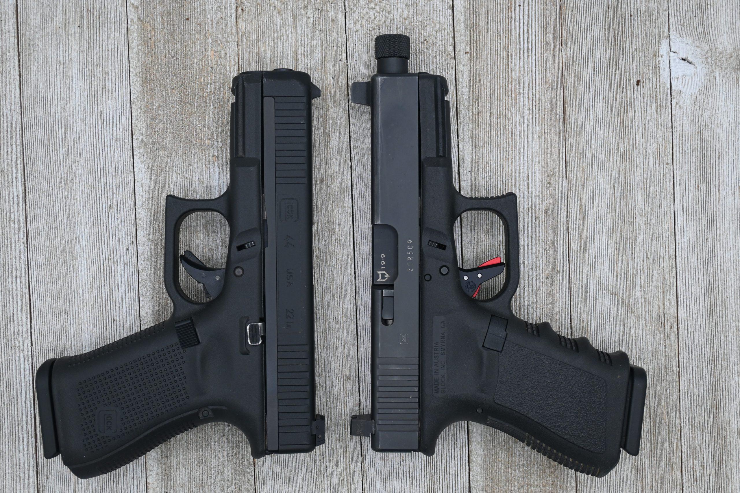 The G44 shares the G19's frame dimensions almost exactly — 7.28" long, 5.04" tall, same grip angle, same trigger and magazine release location — but chambers .22 LR.