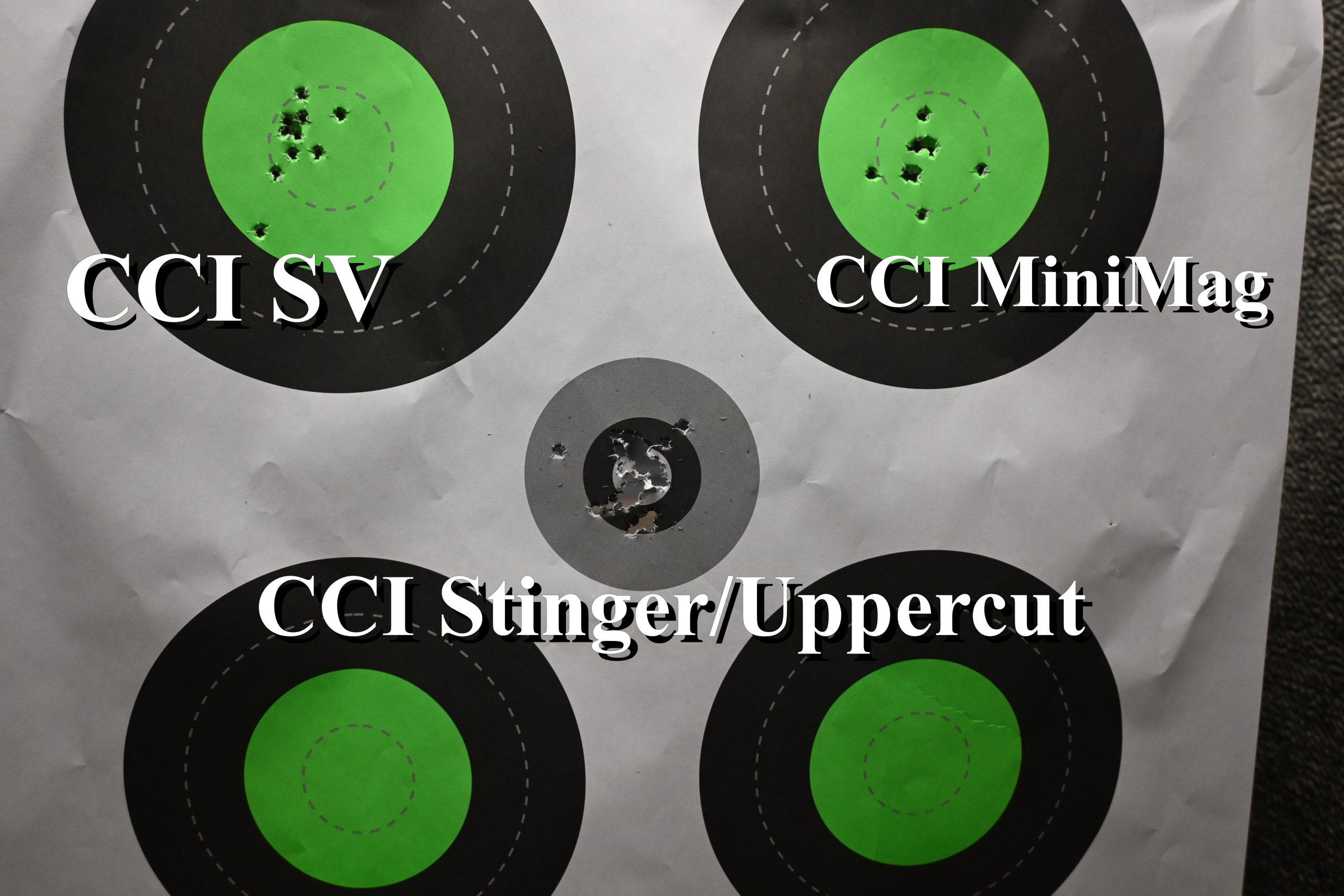 Glock 44 10-yard accuracy groups with CCI Standard Velocity, Mini Mag, Uppercut, and Stinger ammunition.